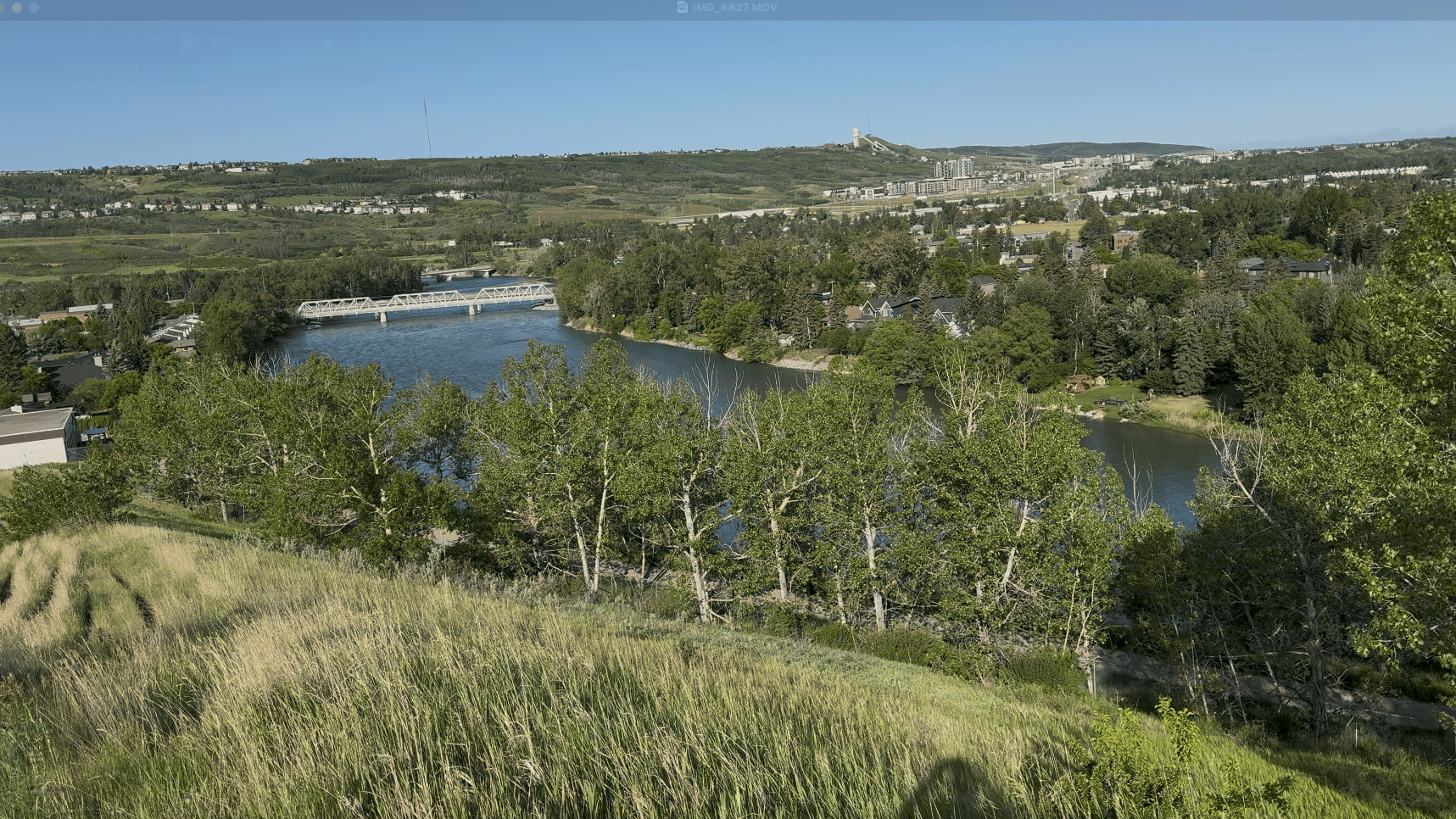 Scenic view overlooking Bow River and Shouldice Park from a hillside in Montgomery Calgary